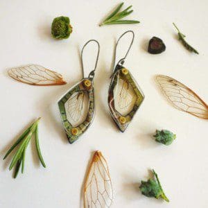 Enameled Cicada Wing Specimen Earrings