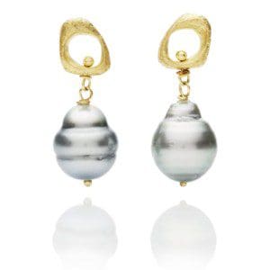 18k Gold and Tahitian Pearl Texture Stud Earrings