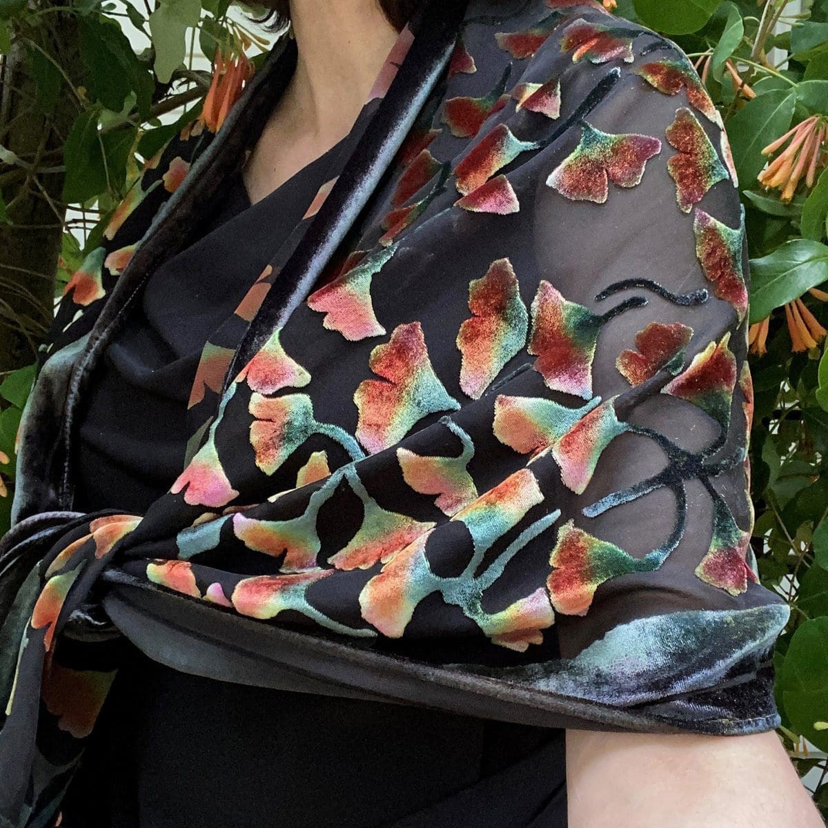 Black Scarf or Shawl With Floral Leaves