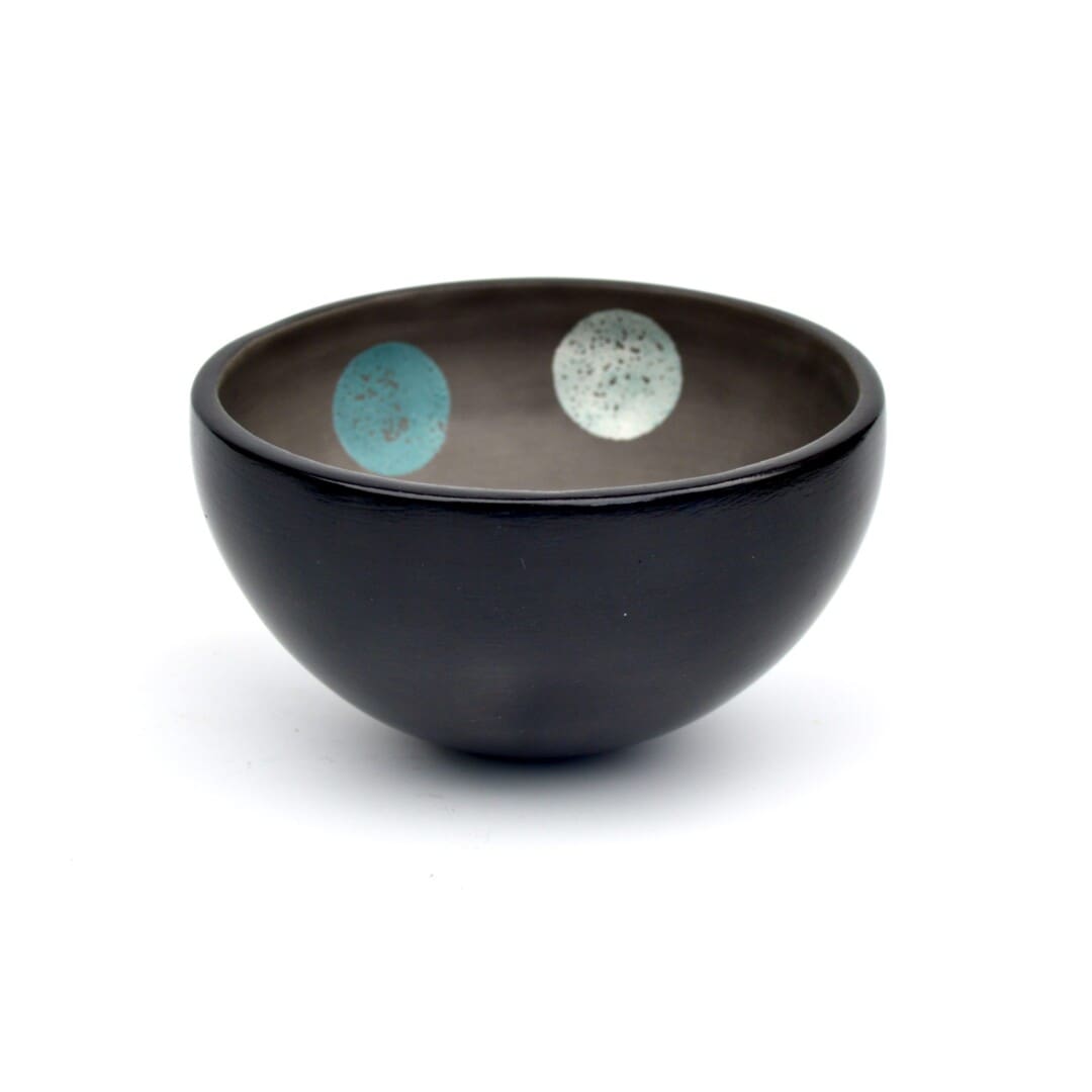 Smoke Fired Pinch Pot with Teal and Pale Blue/White Dots