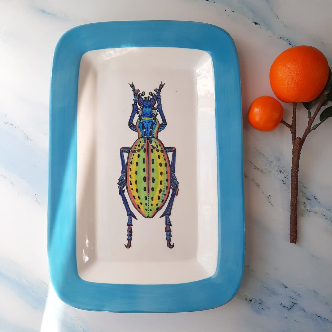BUG OUT WARE Rectangle Serving Tray: Turquoise Beetle Trying Out the Spring Line