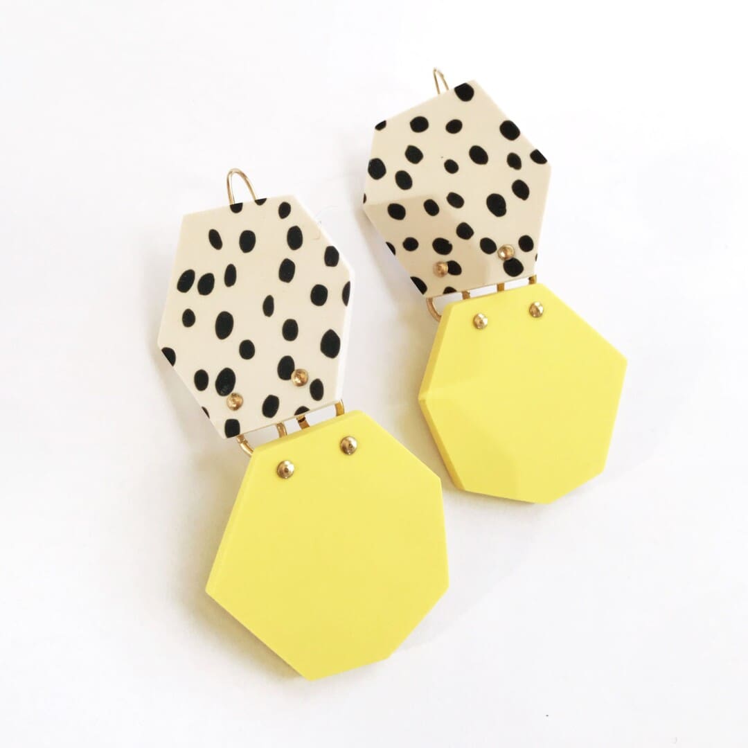 Ursa statement earrings in yellow and dotted black/off white