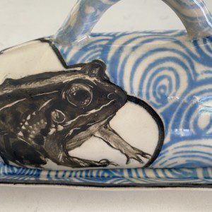 Frog Butter Dish with Pale Blue Waves